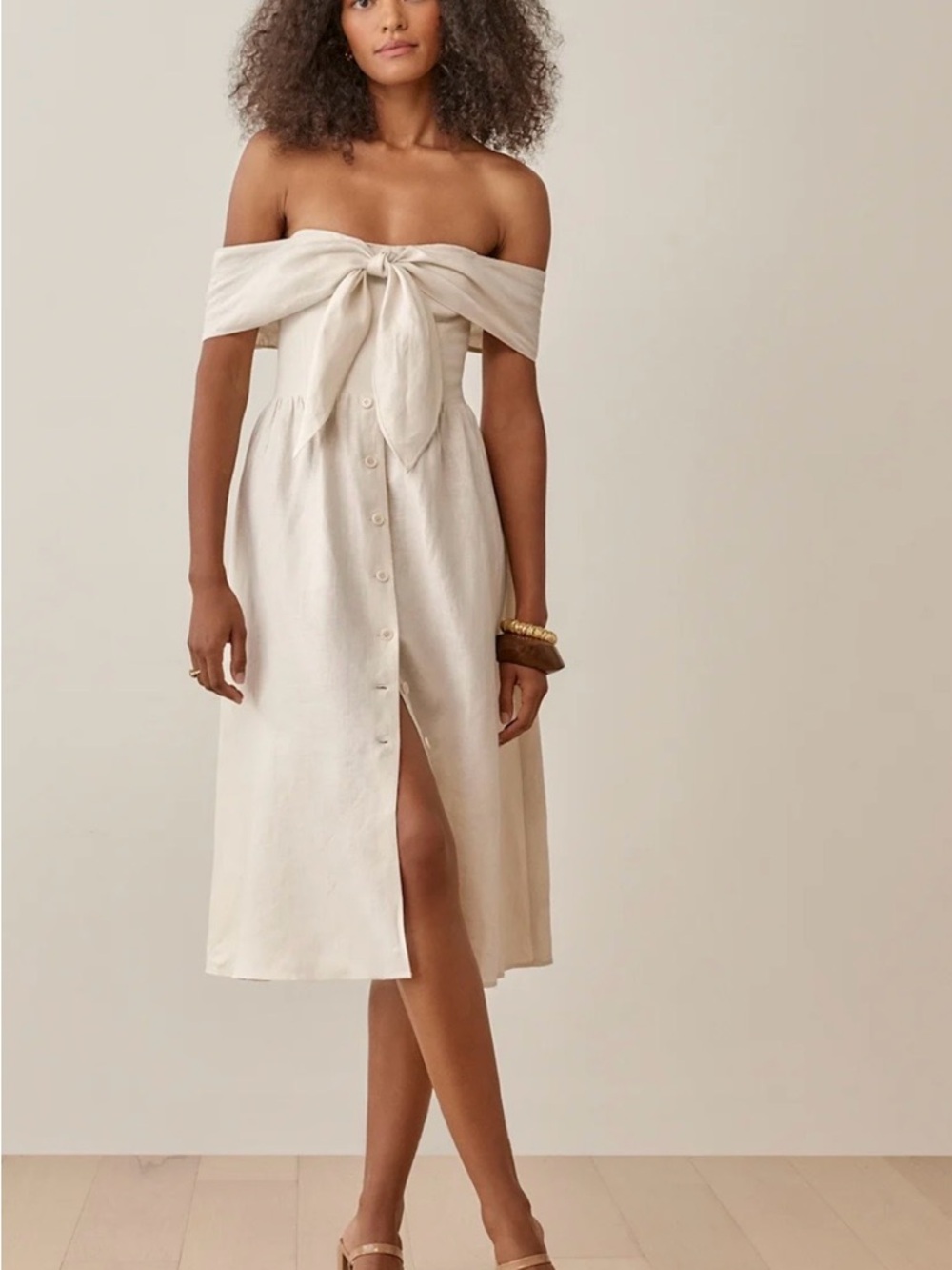 Reformation Strapless Tie-Front Midi Dress in Cream